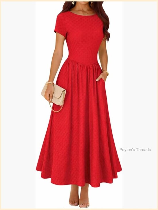 Dresses & Skirts - Short Sleeve Maxi Dress with Pocket Elegant Fit and Flare Lace Up Back